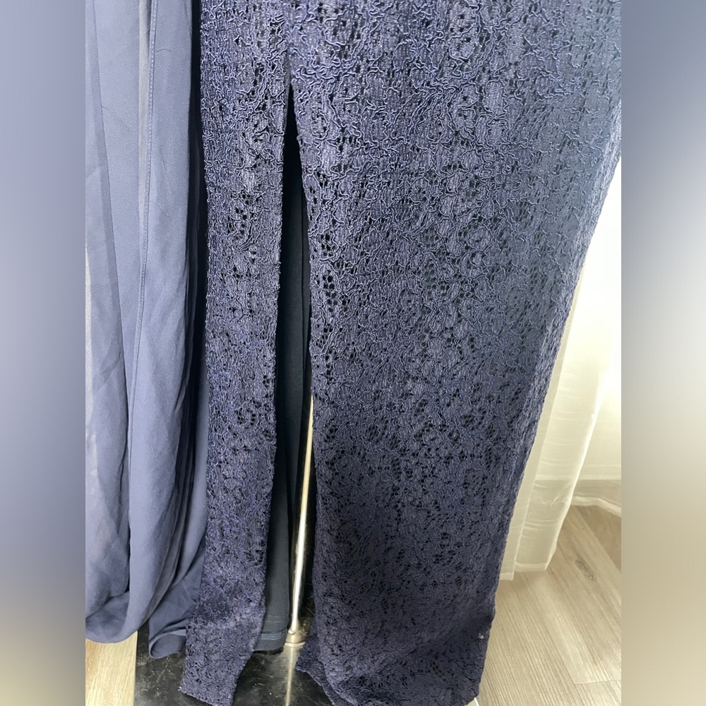 Adrianna Papell Navy Cape-Sleeved Evening Lace Gown One Shoulder Dress Size 6 - Picture 7 of 13